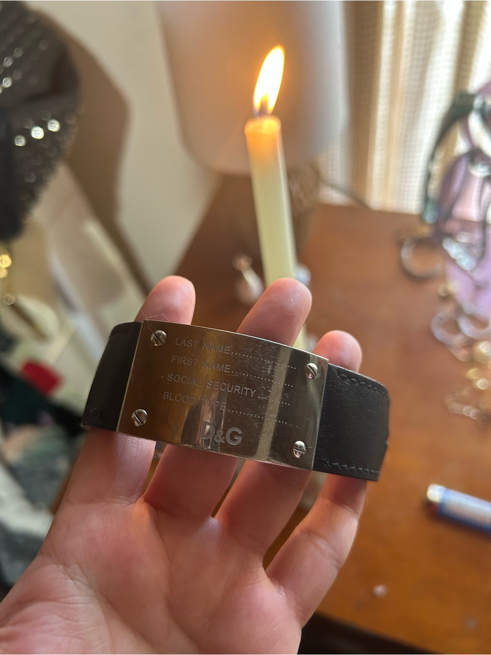 D&G  Black Leather ID Plate Bracelet dolce and gabbana